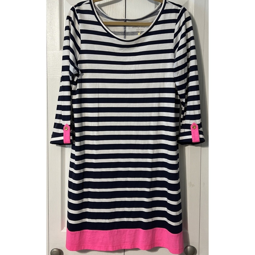 Lilly Pulitzer Linden Navy & White Striped Pima Cotton T-Shirt Dress Size Large